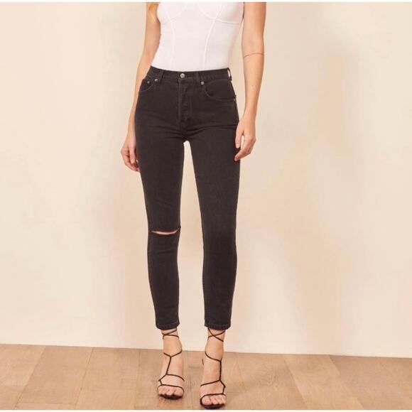 Reformation Serena High Skinny Crop Jeans Faded Black Destroyed 28